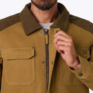 Close up of Mobile Warming tan canvas work jacket with corduroy collar and chest pockets