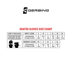 Gerbing heated gloves size chart for men and women with measuring instructions