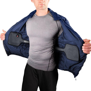 Man wearing open ActionHeat blue jacket showing internal heating panels