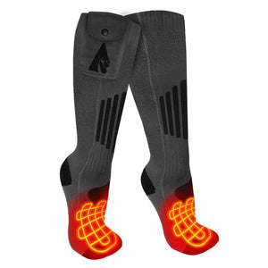 ActionHeat grey battery heated socks with visible heating elements in the toe and foot area