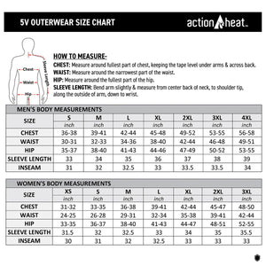 ActionHeat 5V outerwear size chart for men and women with measurement instructions