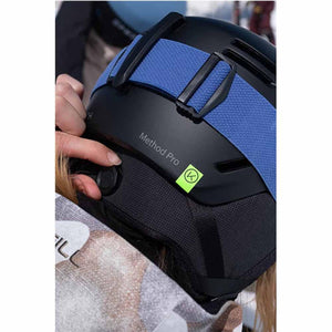 Back view of Smith Method Pro ski helmet with blue goggle strap and adjustment dial