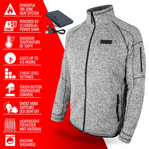 ActionHeat grey knit heated jacket with power bank and feature list