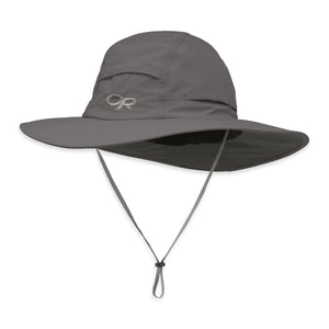 Outdoor Research grey sun hat with wide brim and adjustable chin strap