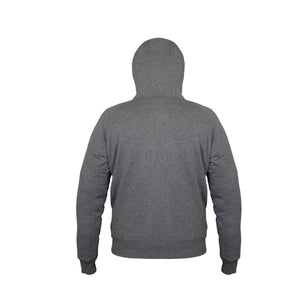 Back view of a grey hooded sweatshirt