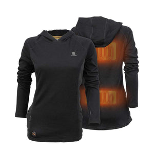 Fieldsheer black hooded heated base layer top showing front and back with glowing heating elements