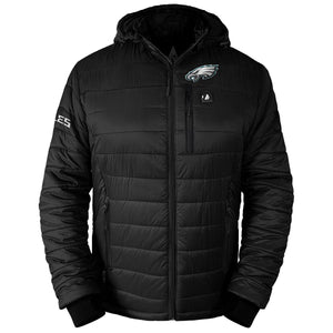 Philadelphia Eagles black hooded puffer jacket with team logo
