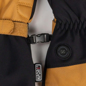 Mobile Warming heated glove detail showing buckle closure and power button