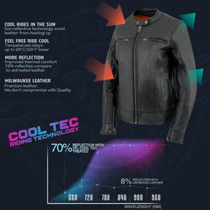 Milwaukee Leather jacket with Cool Tec technology infographic showing heat reflection data