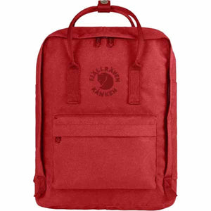 Red FjallRaven Kanken backpack with front pocket and top handles
