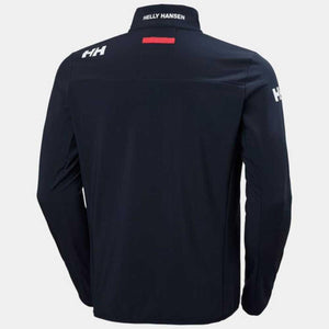 Back view of navy Helly Hansen softshell jacket with white branding