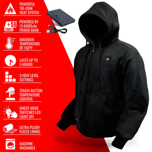 ActionHeat black hooded sweatshirt with power bank and feature list