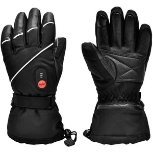 Black heated winter gloves with an on off button and adjustable wrist strap