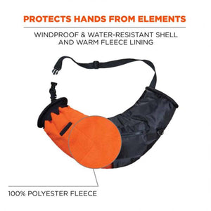 Orange and black hand warmer muff with windproof water resistant shell and polyester fleece lining
