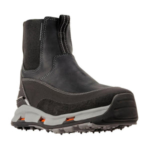 Korkers black waterproof slip on boot with grey midsole and orange accents