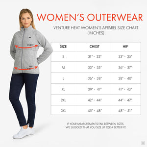 Venture Heat women outerwear size chart with chest and hip measurements in inches