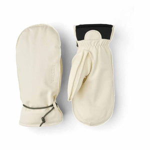 Hestra off white leather mittens with black cuff detail and drawstring closure