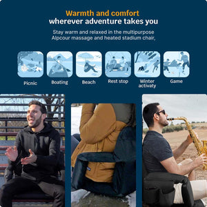 Alpcour heated stadium chair shown in various outdoor settings including a picnic beach and sporting event
