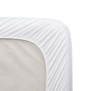 Close up of a white fitted sheet corner on a mattress