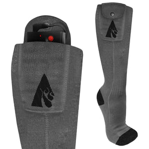 Grey heated sock with battery pack in top pocket and gorilla logo