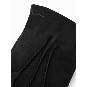 Black Hestra suede glove cuff with embossed logo