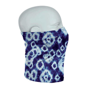 Seirus blue and white tie dye neck gaiter on a mannequin head