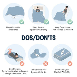 Serta electric blanket safety instructions showing proper use and prohibited actions for safe operation