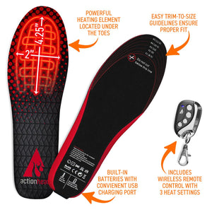 ActionHeat heated insoles with trim to size guidelines, heating element, built in battery, and wireless remote control