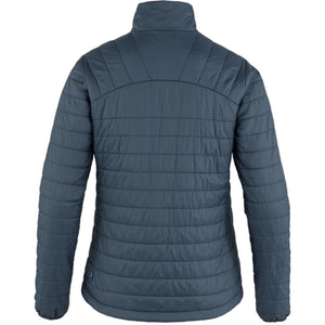 Back view of a dark blue FjallRaven quilted jacket with a high collar