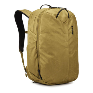 Thule olive green backpack with black zippers and shoulder straps