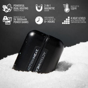 ActionHeat magnetic hand warmers in snow with feature icons for heating levels battery life and power bank capacity