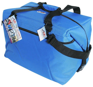 Blue AO Coolers soft sided cooler bag with black straps and product tags