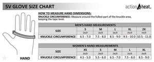 ActionHeat 5V glove size chart showing men and women hand measurements by knuckle circumference