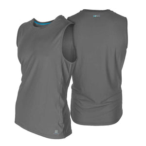 Fieldsheer grey sleeveless cooling shirt shown from front and back views