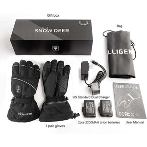 Snow Deer heated gloves set with batteries, charger, user manual, storage bag, and gift box