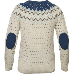 Off white wool sweater with blue yoke pattern and blue elbow patches