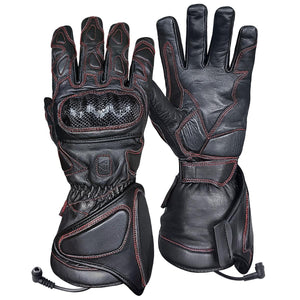 Gerbing black leather heated motorcycle gloves with red stitching and carbon fiber knuckle protection