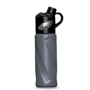 Philadelphia Eagles grey water bottle with black lid and handle