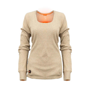 Beige long sleeve thermal top with scoop neck and orange interior trim