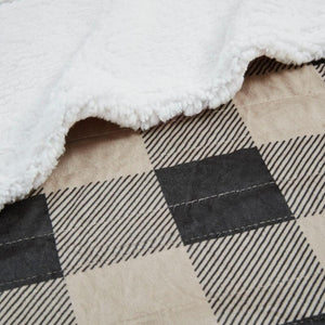 Tan and black buffalo check blanket with white sherpa lining