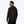 Man wearing a black Mobile Warming hooded long sleeve shirt viewed from the back