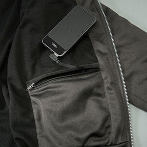 Pioneer jacket with internal zippered pocket and connected power bank