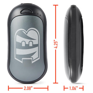 ActionHeat hand warmer with Cincinnati Bengals logo showing dimensions of 4.25 inches by 2.08 inches by 1.06 inches