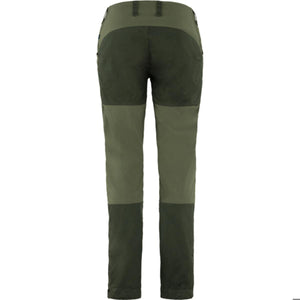 Back view of FjallRaven olive green hiking trousers with reinforced seat and leg panels