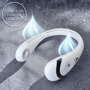 AlphaCool white portable neck fan with digital display on a wet stone surface