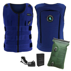 AlphaCool blue personal cooling vest with battery pack charger and ice bladder