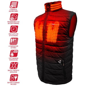 Gerbing heated vest with four heating zones and technical feature icons