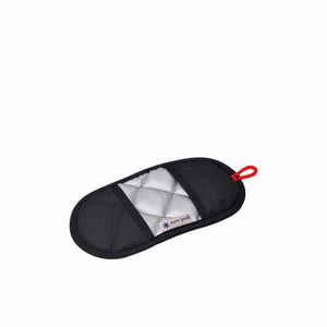 Snow Peak quilted silver and black oven mitt with red hanging loop
