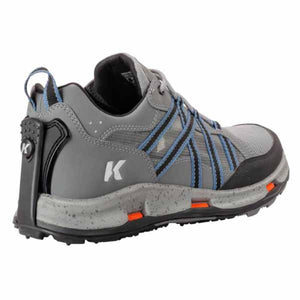 Korkers grey and blue wading shoe with black heel clip and orange accents