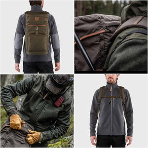 Fjallraven backpack worn by a person in outdoor clothing